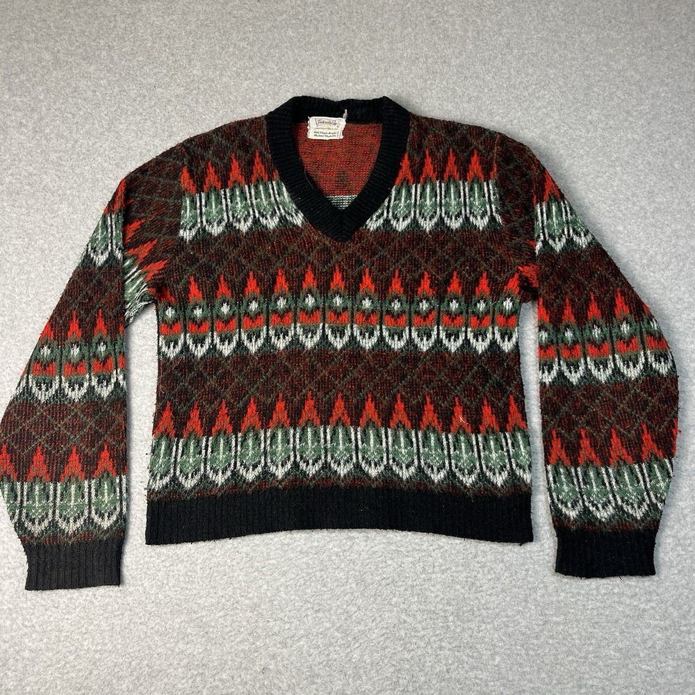 Vintage Sears Sweater Mens Small Multicolor Acrylic V-Neck Shaggy 60s Read